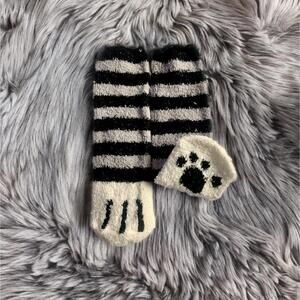 Cat Paw Socks - Cute Kitty Paws, Black Grey Stripes Kawaii Neko, OS, Women Size
